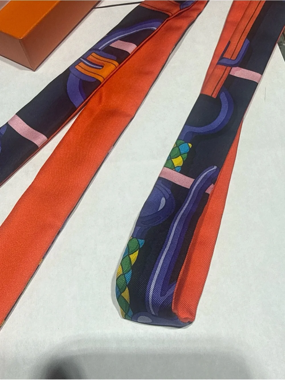 HERMES Twillon Scarf Silk Navy/Orange Original Box Great Gift